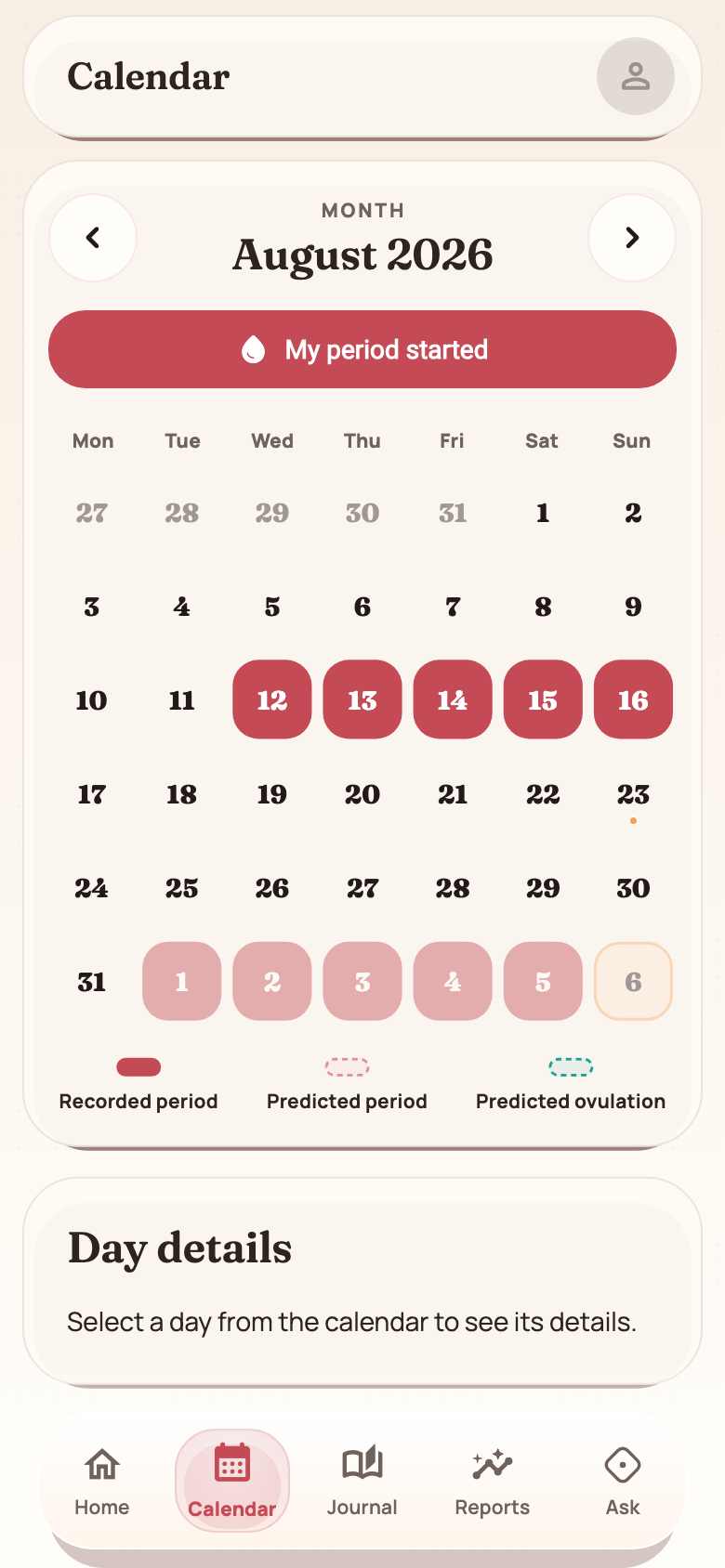 Virora calendar with recorded period days, dashed predictions and ovulation markers. — August 2026