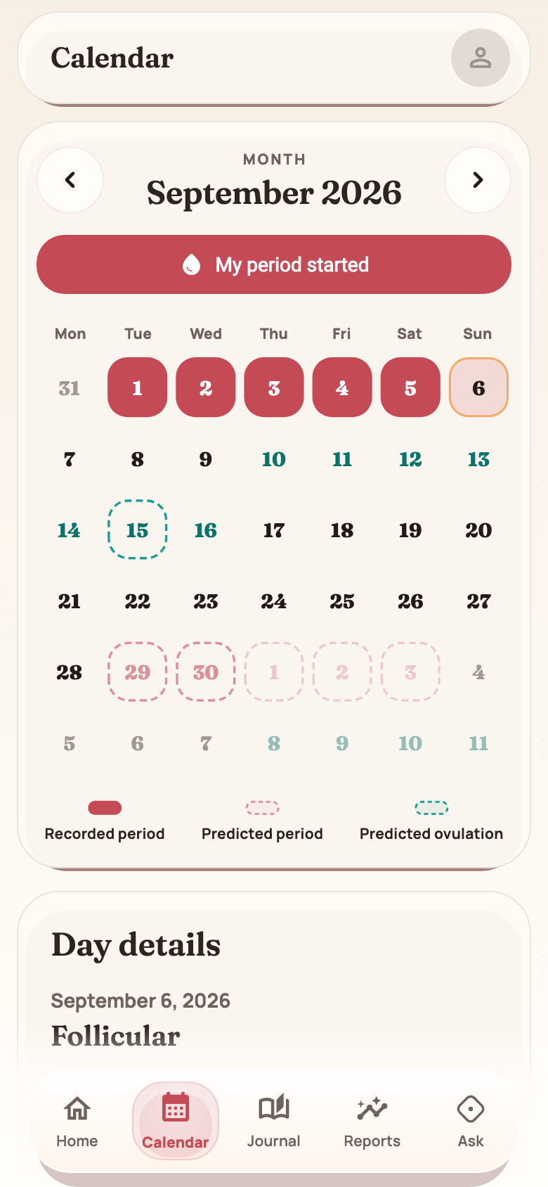 Virora calendar with recorded period days, dashed predictions and ovulation markers. — September 2026