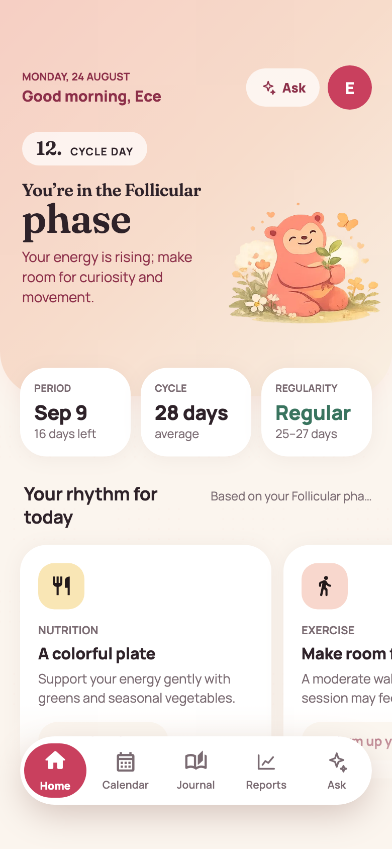 Virora home screen: cycle phase, cycle day, days until the next period and suggestions for the day.