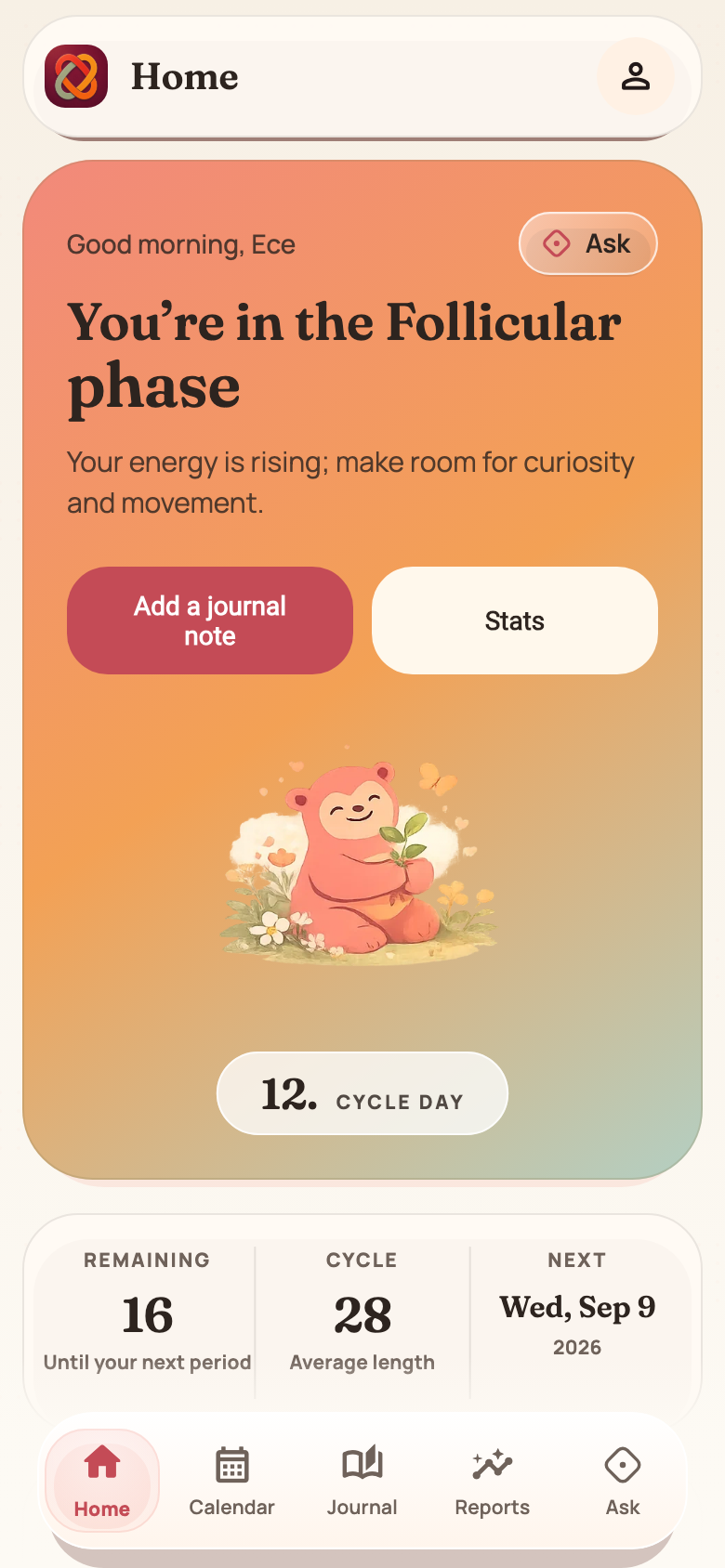 Virora home screen: cycle phase, days remaining and journal shortcut.