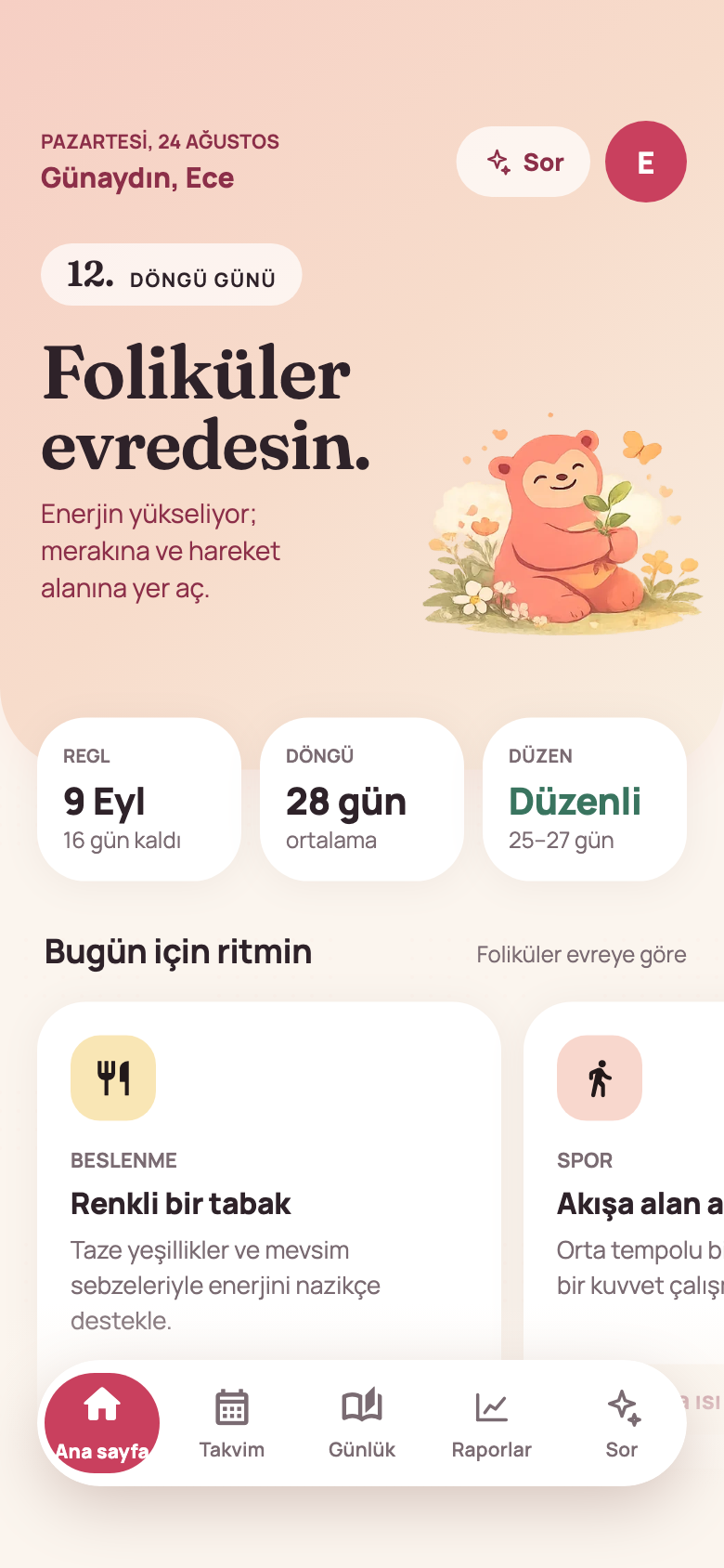 Virora ana sayfası: döngü evresi, döngü günü, bir sonraki regle kalan gün ve güne özel öneriler.